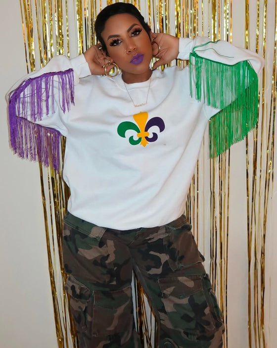 “Fleur De Lis X Fringe Sweatshirt” Kids-Adults (White)(Girls)