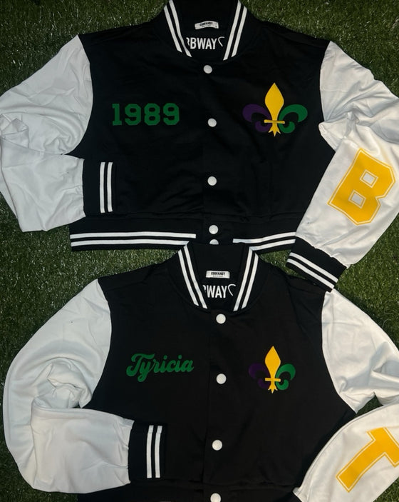 “Mardi Gras Edition Unisex Varsity Jacket” Cropped (Black)